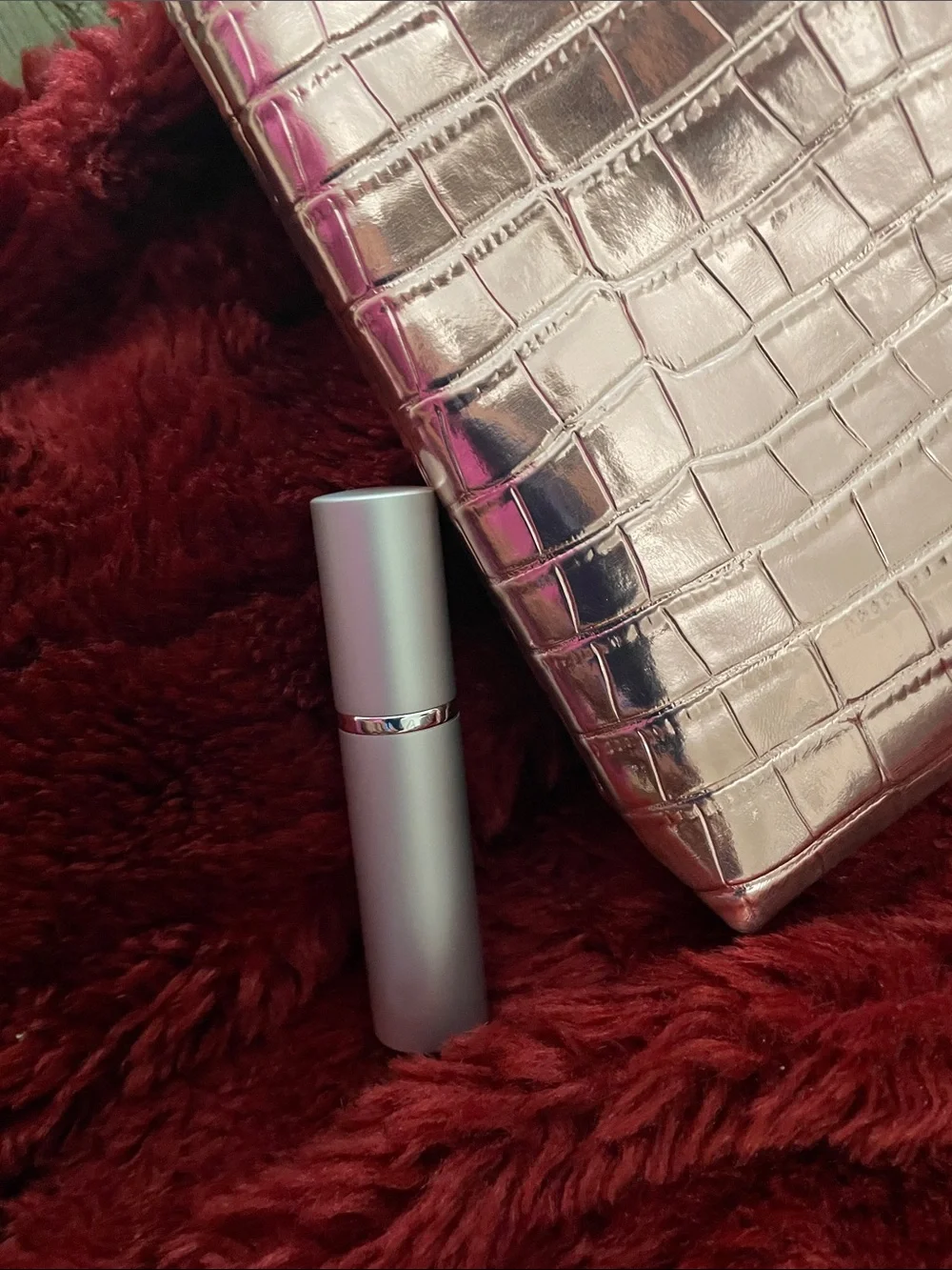 Jimmy Choo pink Metallic cosmetics makeup bag w a sweet surprise “I got Choo”💖